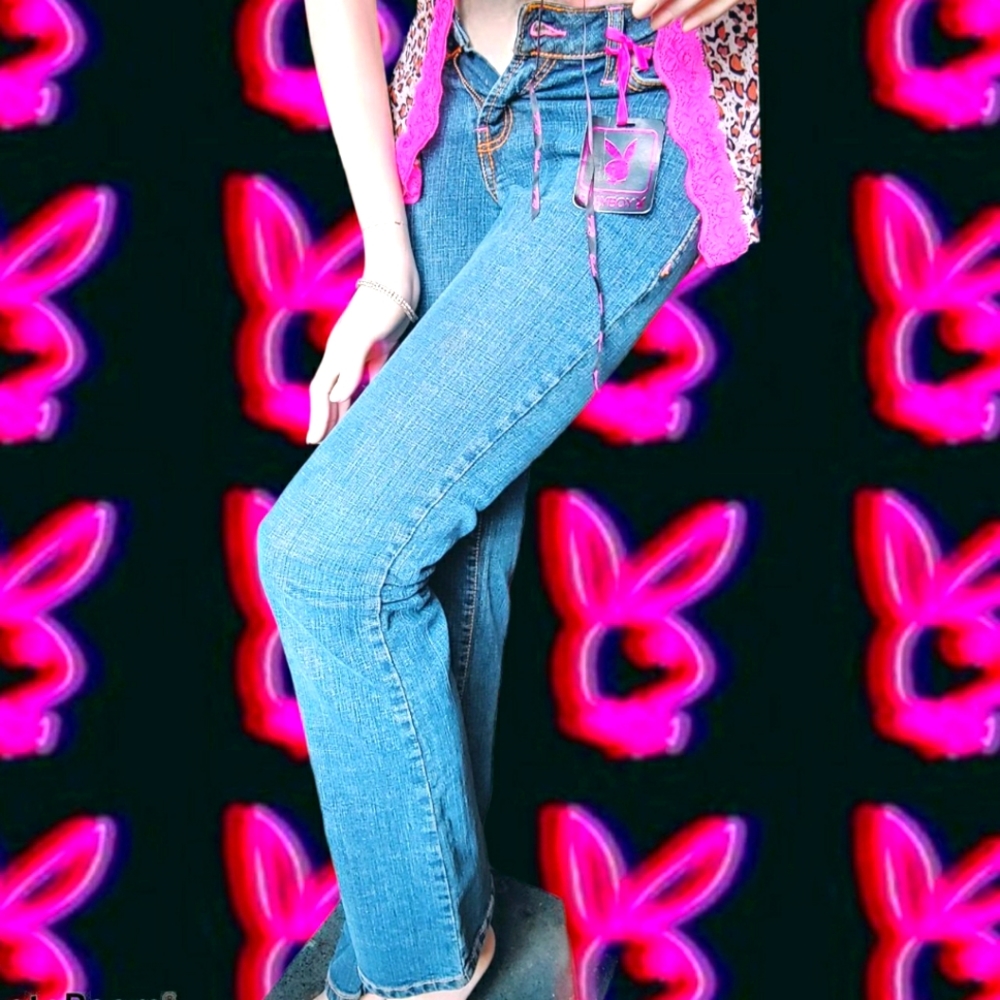 Y2k Deadstock Bedazzled Pink Embroidered Low-rise Playboy Jeans